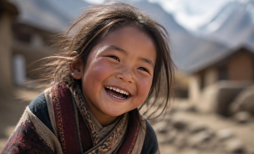 A laughing student in a Himalayan village classroom
