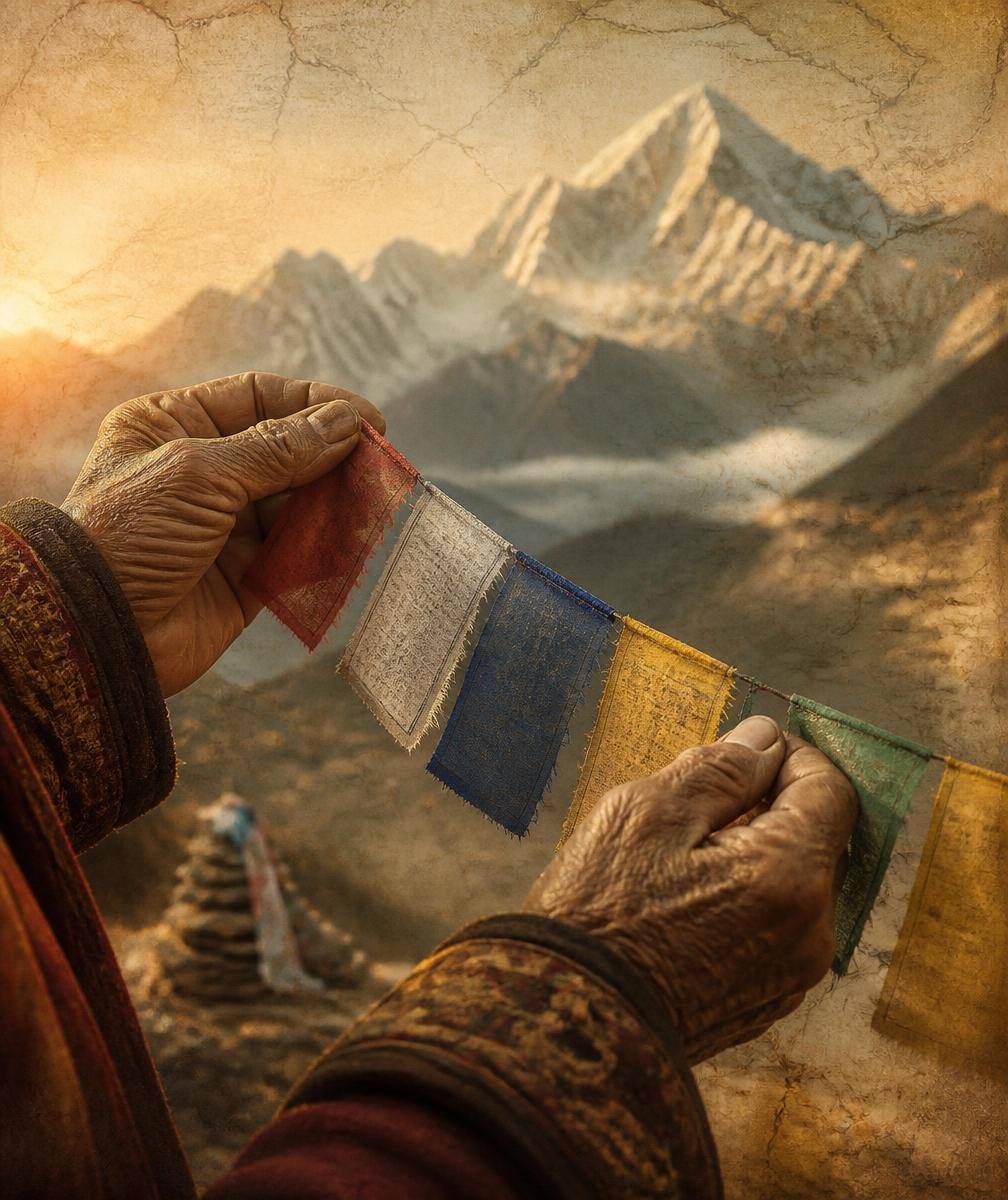 Hands holding colorful prayer flags
